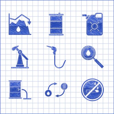 Benzin pompası enjektörünü, yağ borusunu, sigara içilmez, yağ sızıntısını, ya da kriko kutusunu, motor ve damlalık fiyat simgesi için ayarlayın. Vektör