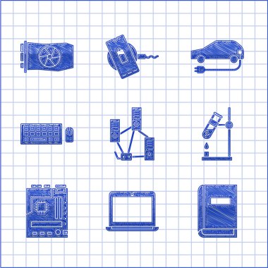 Bilgisayar ağını, dizüstü bilgisayarı, kullanıcı kılavuzunu, test tüpünü, anakart, klavye ve fareyi, elektrikli araba ve video grafik kartı simgesini ayarlayın. Vektör