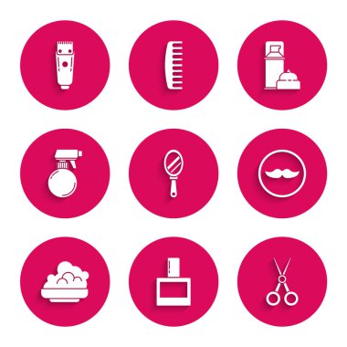 El aynası, tıraş losyonu, makas kuaförü, bıyık tıraş jeli köpüğü, saç spreyi şişesi ve elektrikli tıraş makinesi ikonu. Vektör