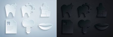 Diş implantı, ağız gargargarası plastik şişe, diş kartlı pano, gülen dudaklar, diş tedavisi prosedürü ve beyazlatma konsepti ikonu. Vektör