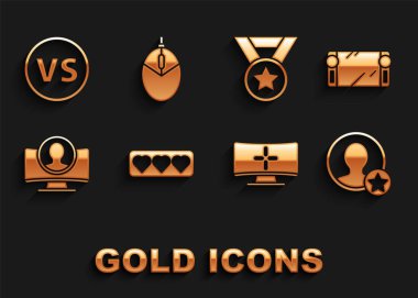 Set Like ve heart, taşınabilir video oyun konsolu, Premium oluşturma hesap ekranı, bilgisayar monitörü, Create, Medal, VS Versus savaş ve fare oyun ikonu. Vektör