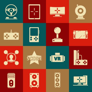 Bilgisayar monitörünü, oyun konsolunu joystick, taşınabilir video oyunu, Gamepad, yarış simülatörü kokpiti ve oyun makinesi simgesi için Joystick ile ayarla. Vektör