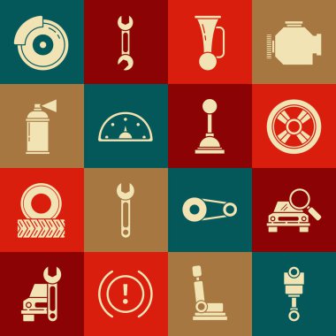 Motor pistonunu, araba aramasını, tekerleği, sinyal kornasını, hız göstergesini, boya kutusunu, kalibreli fren diskini ve vites kutusu simgesini ayarla. Vektör