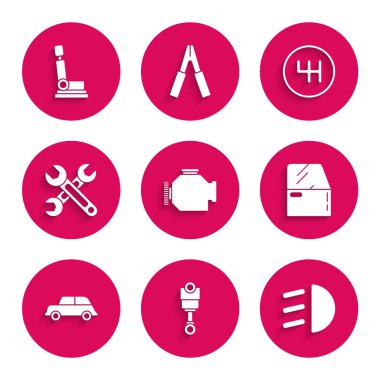 Motoru, pistonu, yüksek kirişi, araba kapısını, anahtarı, vites kolunu ve koltuk simgesini ayarlayın. Vektör