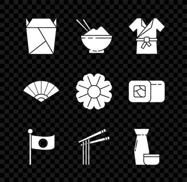 Lokanta seti açıldı. Kutu dolu, ulusal bayrak direği, Asya eriştesi ve çubuğu geleneksel çay töreni, kağıt çin yemeği veya Japon fanı ve çiçek ikonu. Vektör