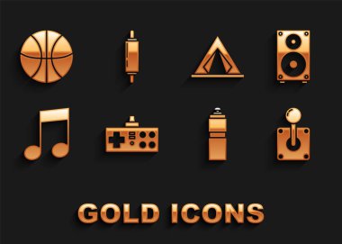 Gamepad, Stereo hoparlörü, atari makinesi Joystick, fitness shake, müzik notası, ton, turizm çadırı, basketbol topu ve Rolling pin ikonu. Vektör
