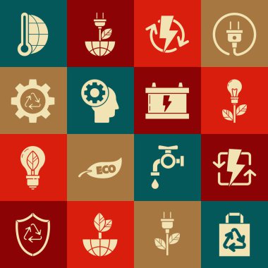 İçinde geri dönüşüm, şarj etme, ampul yaprağı, insan başlığı, geri dönüşüm sembolü ve meteoroloji termometresi ve araba aküsü ikonu olan kağıt alışveriş torbası ayarla. Vektör