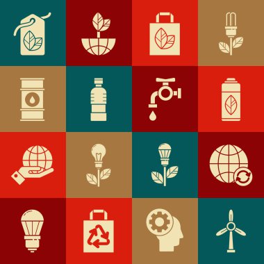 Rüzgar türbini, Dünya Gezegeni ve geri dönüşüm, plastik şişe, geri dönüşüm torbası, geri dönüşümlü kağıt alışveriş torbası, su şişesi, yağ fıçısı hattı, Tag yaprağı sembolü ve su musluk ikonu. Vektör