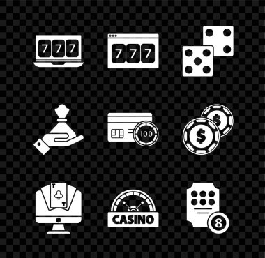 Online kumar makinesi, şanslı yedili büyük ikramiye, oyun zarları, poker masası, kumarhane tabelaları, el çantası ve kredi kartı ikonu. Vektör