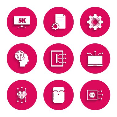 Tablet, hava kulaklıklarını kutuya koy, uzaktan kumanda, dizüstü bilgisayar, işlemci, insan beynini dijital devre kartı olarak ayarla, ve 5k video simgesi ile monitörü ayarla. Vektör