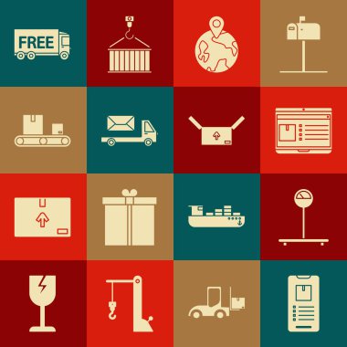 Mobil telefonu uygulama dağıtım takibi, Pul, Laptop, Worldwide, Posta kamyonu, taşıyıcı bant karton kutusu, Ücretsiz servis ve karton trafik sembolü simgesi simgesi ile ayarla. Vektör
