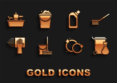 Paspas ve kovayı, tuvalet fırçasını, çöp tenekesini, bulaşık yıkamayı, temizlik servisini sıvı bulaşık deterjanı için plastik şişeleri ve köpük köpüklü kova ikonunu hazırla. Vektör