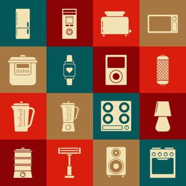 Fırın, masa lambası, müzik seti hoparlörü, tost makinası, kalp atış hızını gösteren akıllı saat, Yavaş fırın, buzdolabı ve müzik çalar ikonu. Vektör