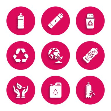 Dünya küresi ve santrali, benzin bidonu, plastik şişe geri dönüşümü, okyanus kirliliğini durdurma, çevre korumasının filizlenme eli, geri dönüşüm sembolü, geri dönüşüm kutusu ve plastik ikon. Vektör
