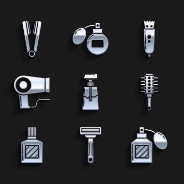 Krem veya losyon kozmetik tüpü tıraş bıçağı, tıraş losyonu, saç fırçası, kurutma makinesi, elektrikli saç kesme makinesi ve saç maşası. Vektör