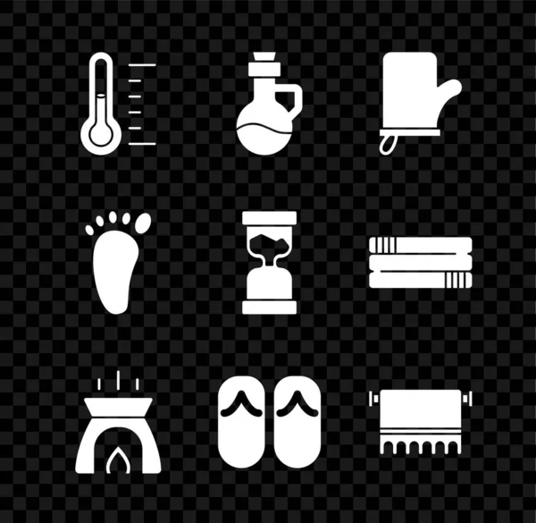 Set Sauna-Thermometer, ätherische Ölflasche, Handschuhe, Duftkerze, Flip-Flops, Handtuch am Kleiderbügel, Fußmassage und alte Sanduhr-Ikone. Vektor — Stockvektor