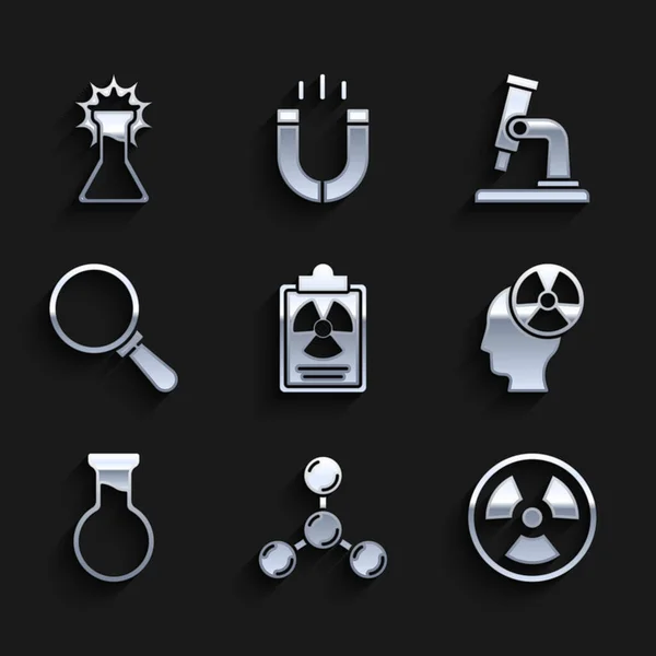 Встановити радіаційний попереджувальний документ, Молекула, радіоактивний, символ голови і радіації, флешку тестової трубки, збільшувальне скло, мікроскоп і іконку. Вектор — стоковий вектор