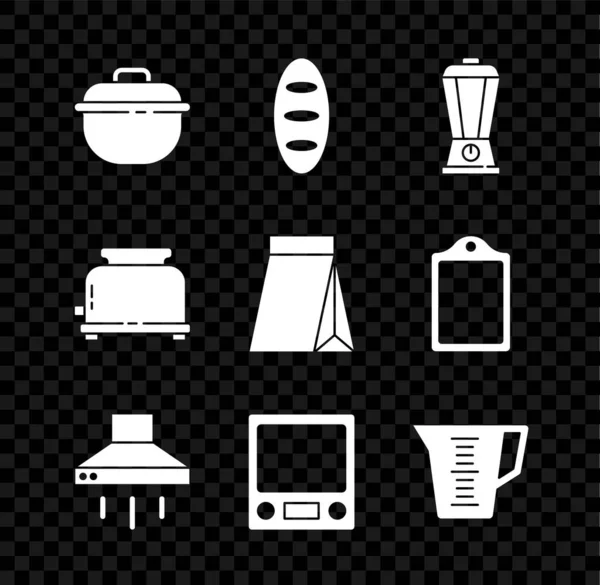 Set olla de cocina, pan, licuadora, campana extractora de cocina, básculas electrónicas, taza de medir, tostadora y bolsa de granos de café icono. Vector — Archivo Imágenes Vectoriales