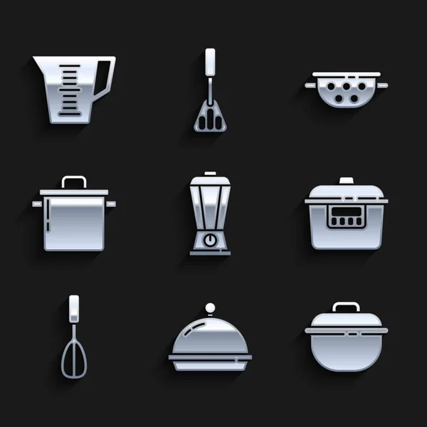 세트 블렌더 (Set Blender), 커싱 팟 (Cooking pot), 슬로우 커 (slow cooker), 키친 위스키 (Kitchen whisk), 콜더 (colander), 측정 컵 (Measuring cup) 아이콘으로 덮는다. Vector — 스톡 벡터