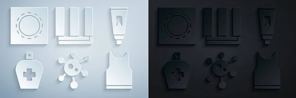 Set Virus, Tube of cheepaste, Bottle 액화 안티 박테리아 비누 , Sleeveless T-shirt, Towel stack and Condom in package safe sex icon. Vector — 스톡 벡터