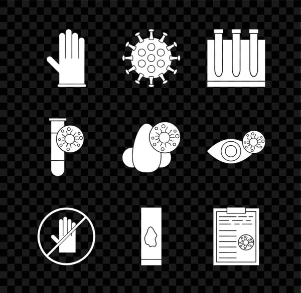 Tıbbi lastik eldivenler, virüs, kan testi ve virüs, tokalaşma yok, kan sonuçları olan pano, test tüpü ve akan burun ikonu. Vektör — Stok Vektör