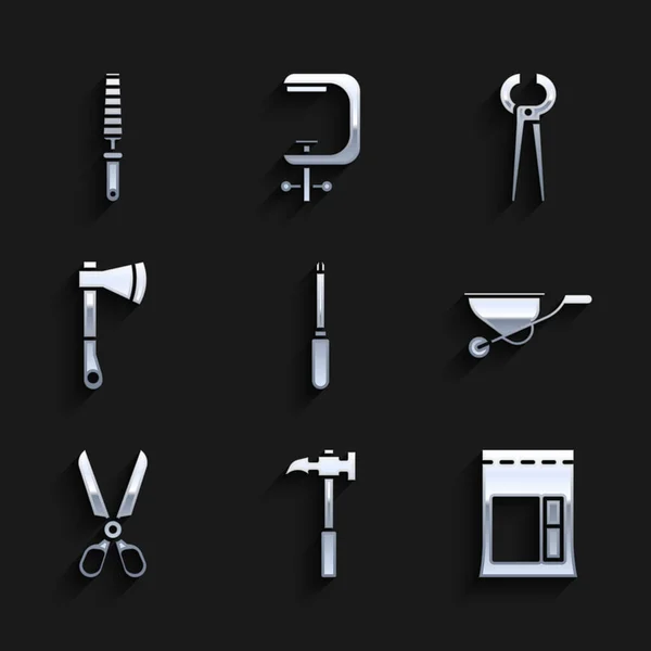 Set Screwdriver, Claw hammer, Cement bag, Wheelbarrow, Scissors, Wooden axe, Pincers and pliers and Chisel tool for wood icon. Vector — Stock Vector