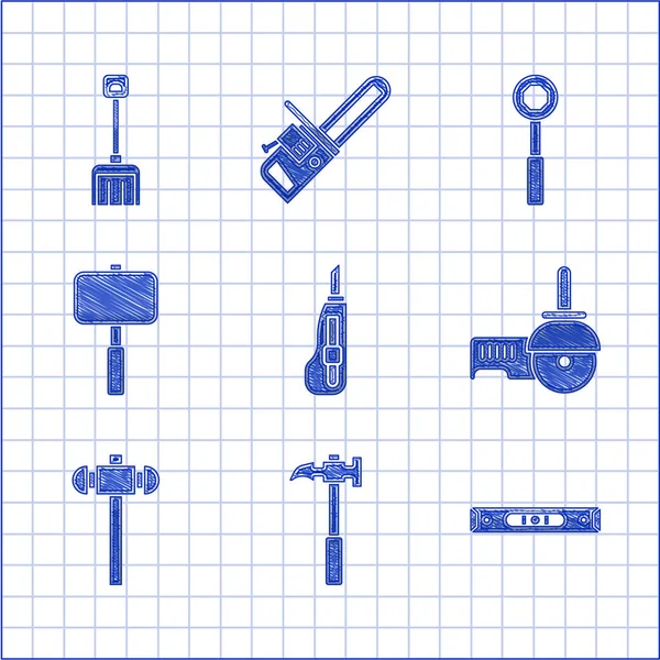 Set Stationery knife, Claw hammer, Construction bubble level, Angle grinder, Sledgehammer, Wrench spanner and Snow shovel icon. Vector — Stock Vector