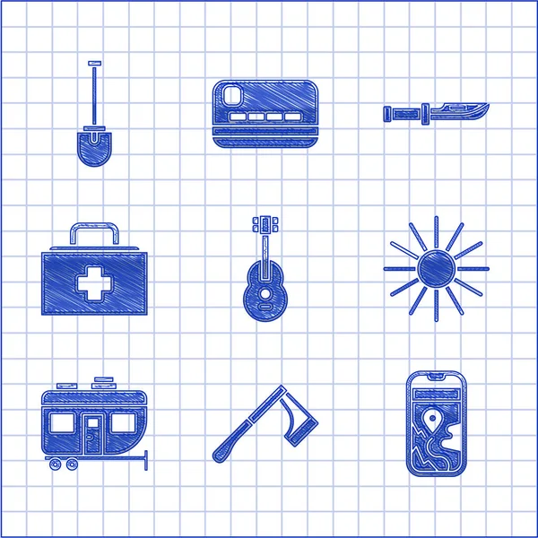 Set Guitarra, Hacha de madera, Navegación por mapa de la ciudad, Sol, Remolque para caravanas, Botiquín de primeros auxilios, cuchillo e icono de pala. Vector — Vector de stock