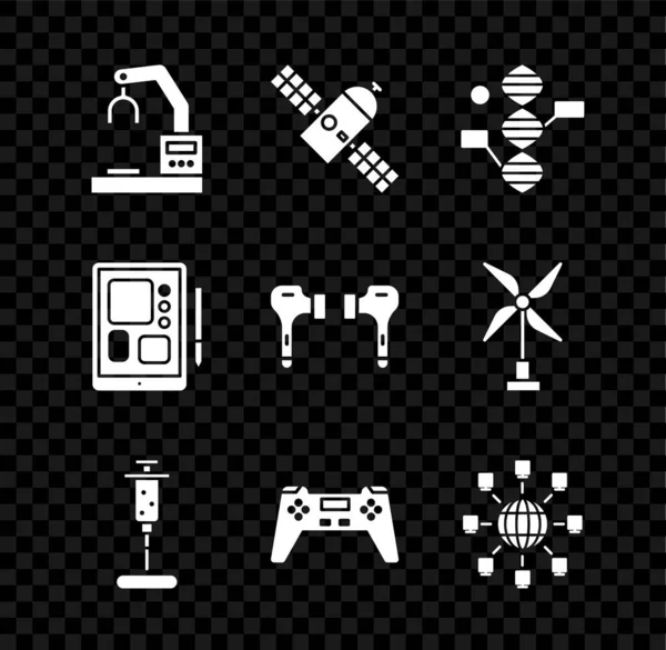 Σετ ρομποτικό ρομπότ χέρι εργοστάσιο, δορυφορική, σύμβολο DNA, Σύριγγα, Gamepad, κοινωνικό δίκτυο, γραφικό tablet και Air ακουστικά εικονίδιο. Διάνυσμα — Διανυσματικό Αρχείο