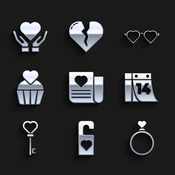 Set sobre con corazón de San Valentín, Por favor, no molestar, Anillos de boda, Calendario 14 de febrero, Forma de la llave, pastel, gafas de amor en forma de corazón y en el icono de la mano. Vector — Vector de stock