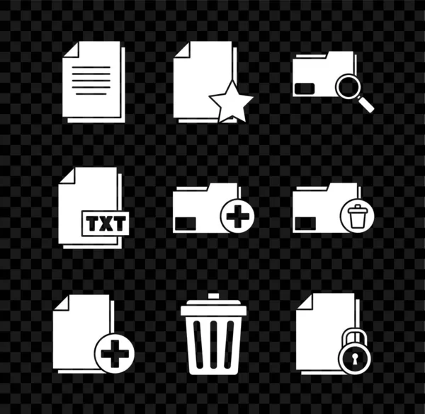 Définir le document, avec étoile, Rechercher le dossier de concept, Ajouter un nouveau fichier, Corbeille, et verrouiller, Document TXT et icône. Vecteur — Image vectorielle