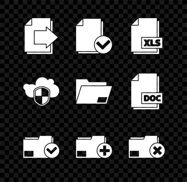 Pfeil auf die nächste Seite, Dokument und Häkchen setzen, XLS-Dateidokument, Ordner, Neu hinzufügen, Löschen, Cloud-Schild und -Symbol. Vektor — Stockvektor