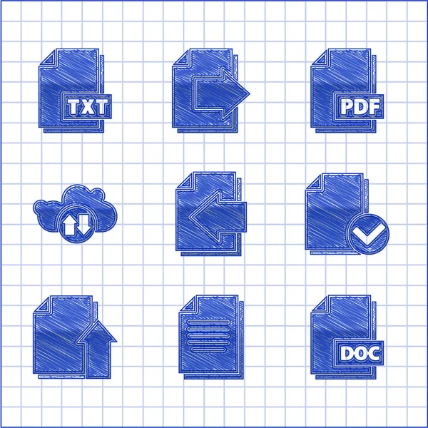 Set Next page arrow, Document, DOC file document, and check mark, Upload, Cloud download upload, PDF and TXT icon. Vector — Stock Vector
