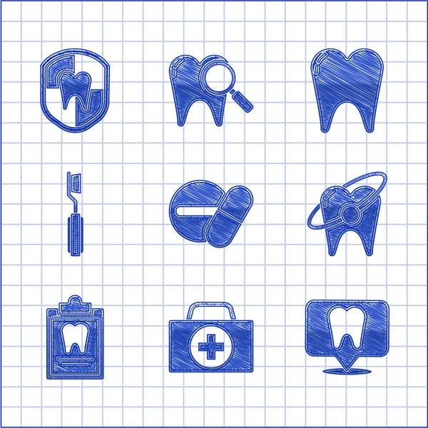 Set Medicine pill or tablet, First aid kit, Dental clinic location, Tooth whitening concept, Clipboard with dental card, Toothbrush, and protection icon. Vector — Stock Vector