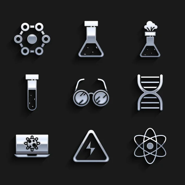 Zestaw okulary laboratoryjne, znak wysokiego napięcia, Atom, symbol DNA, Bakterie na laptopie, probówki i kolby chemiczne i ikona formuły chemicznej. Wektor — Wektor stockowy