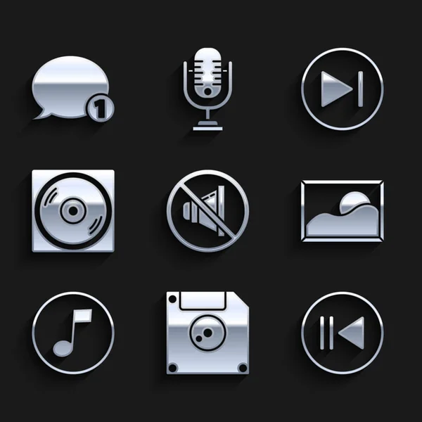 스피커 비듬, 플로피 디스크, 컴퓨터 데이터 스토리지 , Rewind, Picture landscape, Music note, tone, Vinyl, Fast forward, Speech bubble chat icon 을 세팅한다. Vector — 스톡 벡터