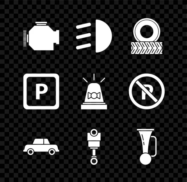 Set Check engine, High beam, Car wheel, Engine piston, Signal horn vehicle, Parking and Flasher siren icon. Vector — Stock Vector