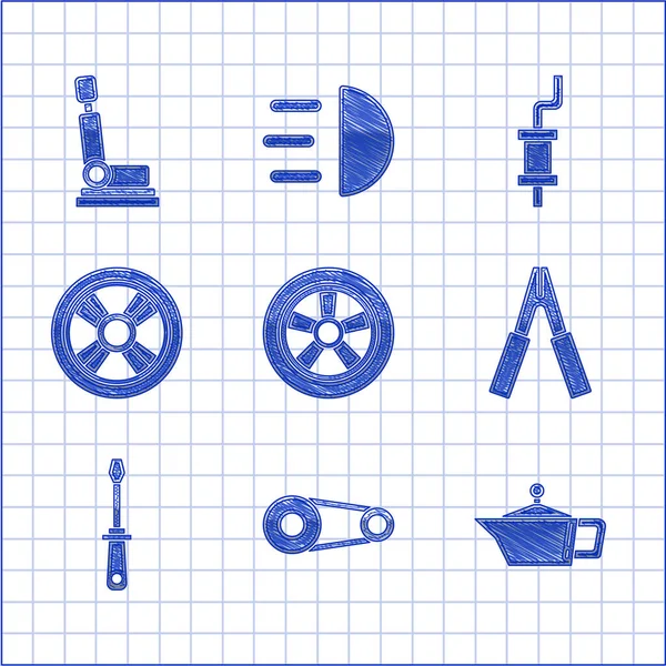 Set Roue de voiture, Kit de courroie de distribution, Conteneur pour huile de machine à moteur, câble d'alimentation de cavalier de batterie, tournevis, silencieux et icône de siège. Vecteur — Image vectorielle