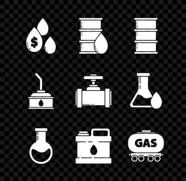 Állítsa olajcsepp dollár szimbólum, hordóolaj, kémcső és lombik, tartály gépjármű, Gáz vasúti ciszterna, és ipari fém csövek szelep ikon. Vektor — Stock Vector