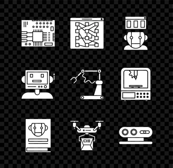 Set printplaat PCB, Mondiale technologie of sociaal netwerk, Robot, gebruikershandleiding, Drone delivery concept, 3D-scansysteem, en Industriële machine robot arm arm hand fabrieksicoon. Vector — Stockvector