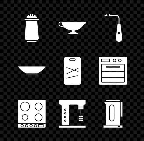 Set Salz und Pfeffer, Sauce Boot, lange elektrische Feuerzeug, Gasherd, Elektromixer, Wasserkocher mit Griff, Schüssel und Schneidbrett Symbol. Vektor — Stockvektor