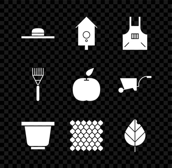 Set Arbeiterhut, Retro-Wanduhr, Küchenschürze, Blumentopf, Gartenzaun aus Holz, Blatt, Harke und Apple-Symbol. Vektor — Stockvektor