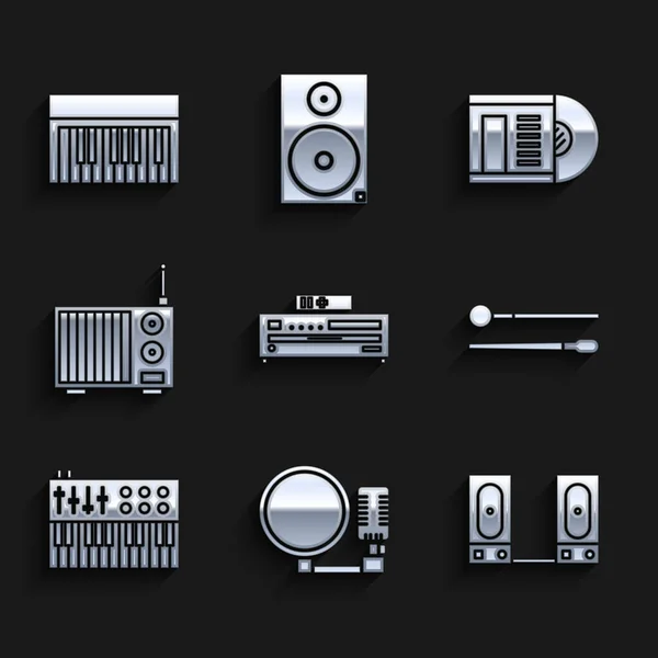 Set Music CD přehrávač, Mikrofon, Stereo reproduktor, Bubnové tyčinky, syntezátor, Rádio s anténou, Vinyl disk a ikona. Vektor — Stockový vektor
