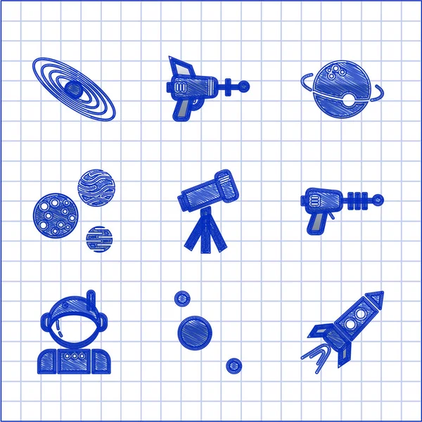 Set Telescope, Solar system, Rocket ship with fire, Ray gun, Astronaut, Planet, and icon. Vector — 스톡 벡터