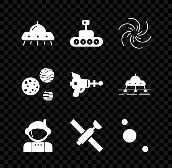 Set UFO fliegendes Raumschiff, Mars-Rover, Schwarzes Loch, Astronaut, Satellit, Sonnensystem, Planet und Ray Pistole Symbol. Vektor — Stockvektor