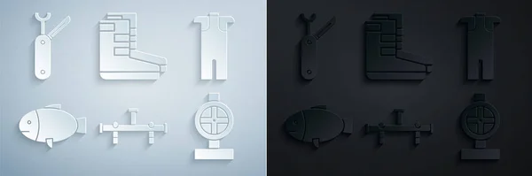 Set Manifold, búvárruha, hal, ipari fém csövek és szelep, csizma és svájci bicska ikon. Vektor — Stock Vector