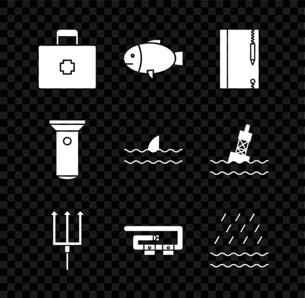 Set Erste-Hilfe-Set, Fisch, Unterwasser-Notizbuch und Bleistift, Neptun Dreizack, Tauchgürtel, Regenwellen, Taschenlampe und Haifischflosse Ozean Symbol. Vektor — Stockvektor