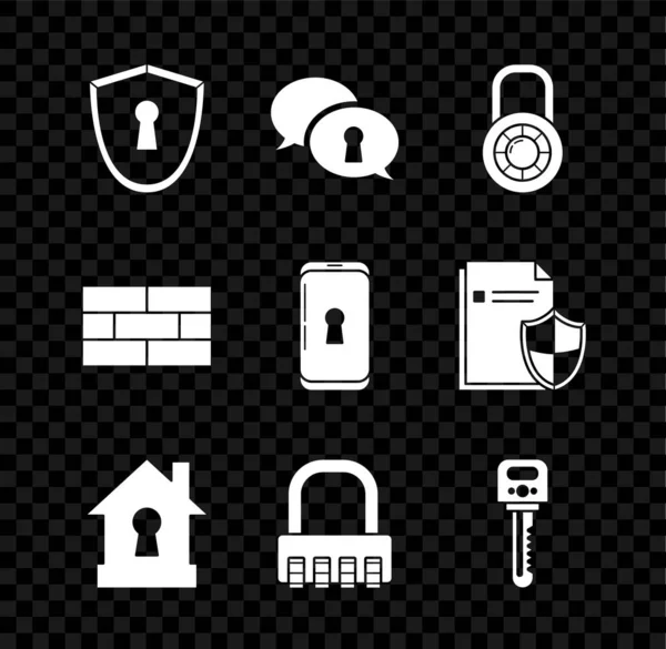 Set Escudo con ojo de cerradura, Protección de datos personales, Caja fuerte combinación rueda de bloqueo, Casa bajo protección, Llave, Ladrillos y Smartphone icono. Vector — Archivo Imágenes Vectoriales