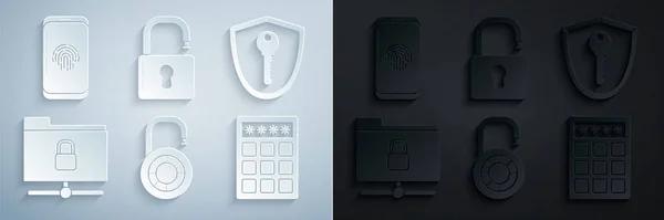 安全な組み合わせロックホイール、シールドキー、 FTPフォルダと、パスワード保護安全アクセス、オープン南京錠とスマートフォンの指紋スキャナアイコンを設定します。ベクトル — ストックベクタ