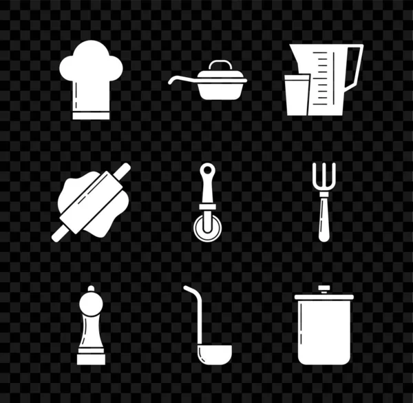 Встановіть капелюх шеф-кухаря, сковороду для смаження, вимірювальну чашку, перець, кухонну ковбасу, каструлю для приготування їжі, рулонний штифт та значок ножа для піци. Векторні — стоковий вектор
